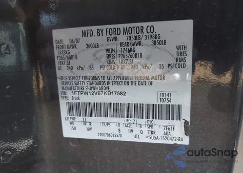 2007 Ford F-150 Lariat/Xlt z USA, uszkodzony, nr VIN 1FTPW12V67KD17582